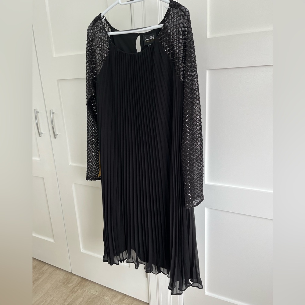 Joseph Ribkoff Black Pleated Midi Dress with Sequin Sleeves - Picture 2 of 15